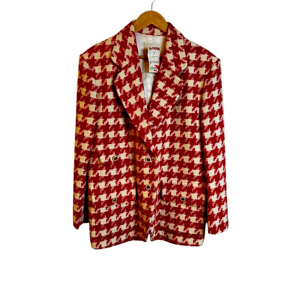 SANDRO Loraine Red Ecru Tweed Single Breasted Houndstooth Blazer Size 6